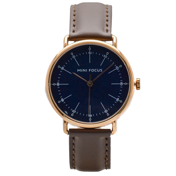Mini Focus Brown Leather Strap Blue Dial Quartz Watch for Gents - MF0056G-04