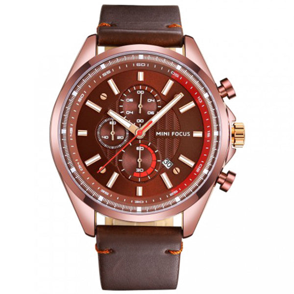 Mini Focus Brown Leather Strap Red Dial Chronograph Quartz Watch for Gents - MF0080G-01