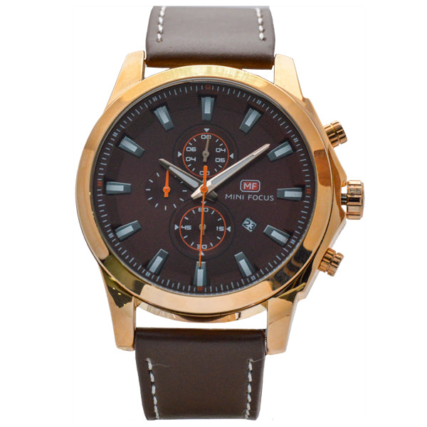 Mini Focus Brown Leather Strap Red Dial Chronograph Quartz Watch for Gents - MF0082G-02