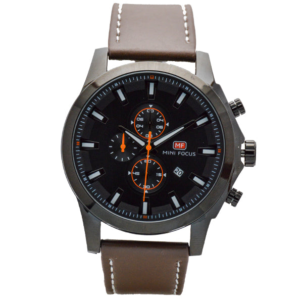 Mini Focus Brown Leather Strap Black Dial Chronograph Quartz Watch for Gents - MF0082G-04