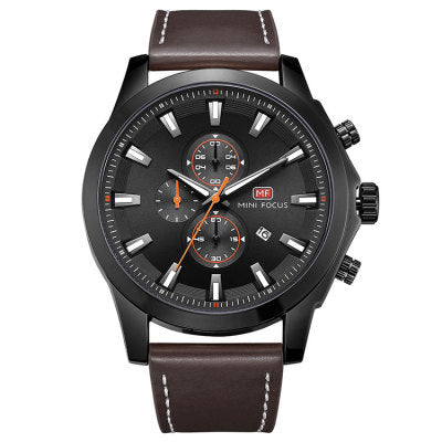 Mini Focus Blue Leather Strap Black Dial Chronograph Quartz Watch for Gents - MF0084G-01