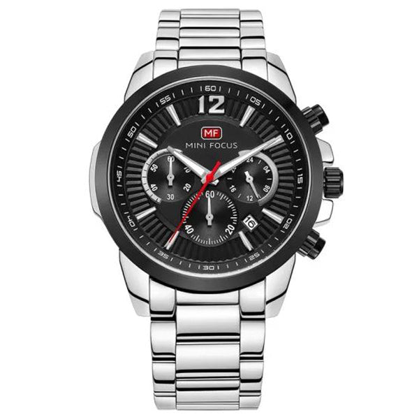 Mini Focus Silver Stainless Steel Black Dial Chronograph Quartz Watch for Gents - MF0087G-01
