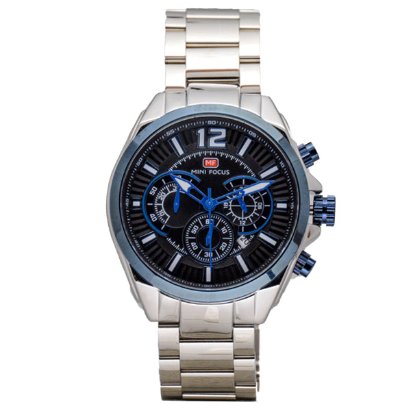 Mini Focus Silver Leather Strap Blue Dial Chronograph Quartz Watch for Gents - MF0104G-02