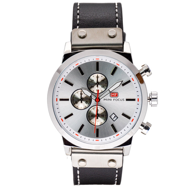 Mini Focus Black Leather Strap Silver Dial Chronograph Quartz Watch for Gents - MF0110G-01