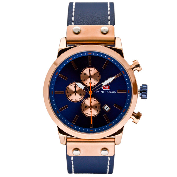 Mini Focus Blue Leather Strap Blue Dial Chronograph Quartz Watch for Gents - MF0110G-03
