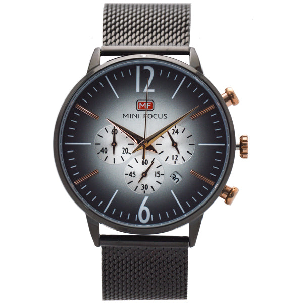 Mini Focus Black Mesh Bracelet Black Dial Chronograph Quartz Watch for Gents - MF0114G-07