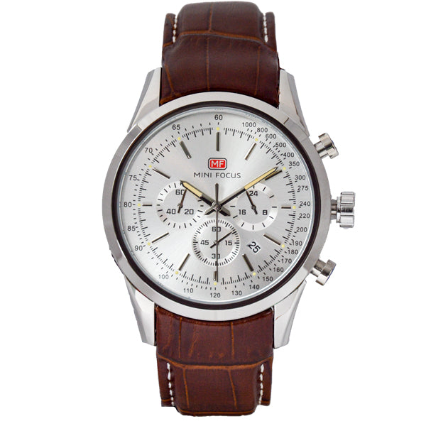 Mini Focus Brown Leather Strap Silver Dial Chronograph Quartz Watch for Gents - MF0116G-02