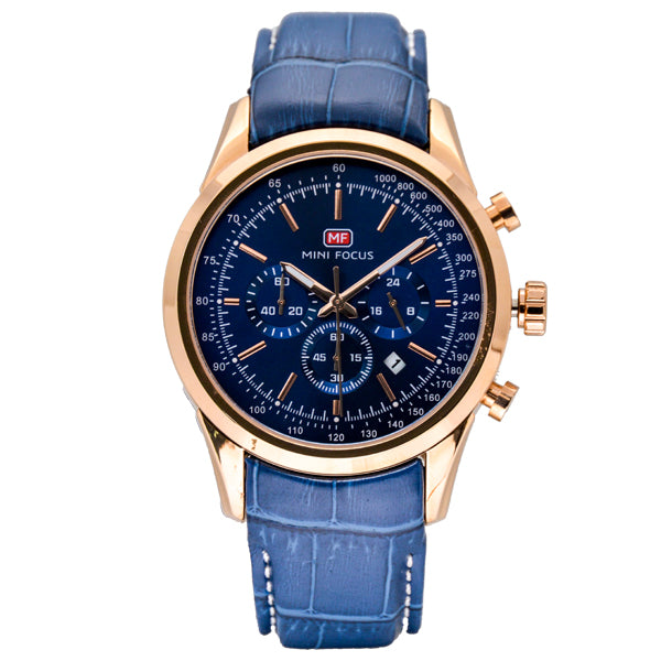 Mini Focus Blue Leather Strap Blue Dial Chronograph Quartz Watch for Gents - MF0116G-04
