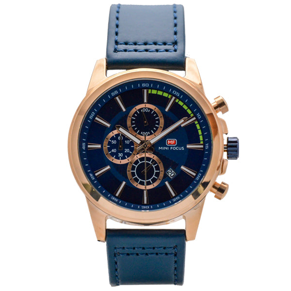 Mini Focus Blue Leather Strap Blue Dial Chronograph Quartz Watch for Gents - MF0129G-03