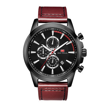 Mini Focus Burgundy Leather Strap Black Dial Chronograph Quartz Watch for Gents - MF0129G-04