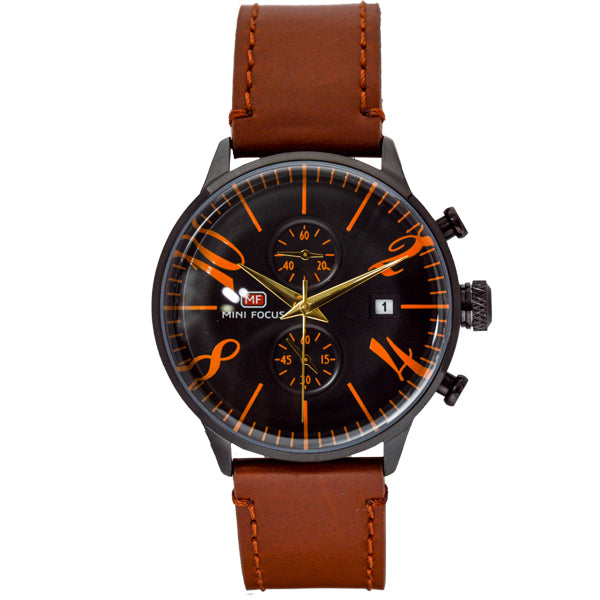 Mini Focus Brown Leather Strap Black Dial Chronograph Quartz Watch for Gents - MF0135G-03