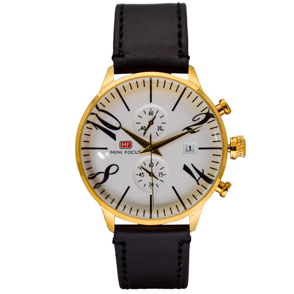 Mini Focus Black Leather Strap White Dial Chronograph Quartz Watch for Gents - MF0135G-04