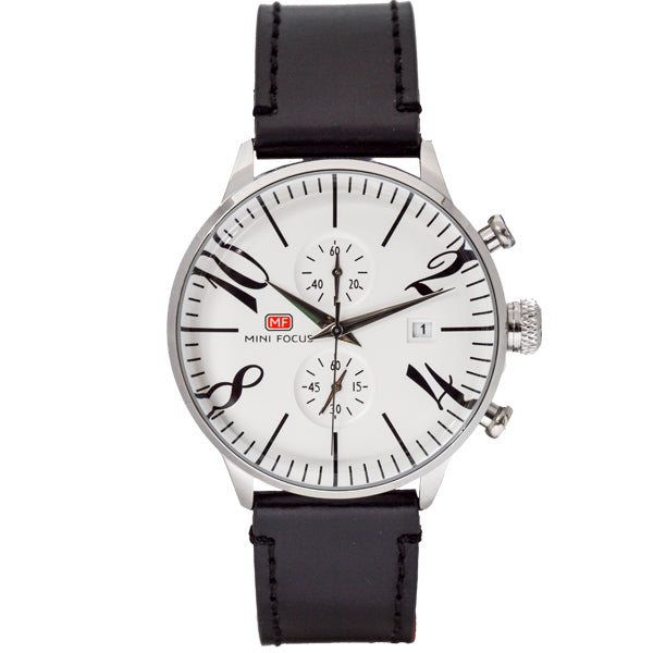 Mini Focus Black Leather Strap White Dial Chronograph Quartz Watch for Gents - MF0135G-05