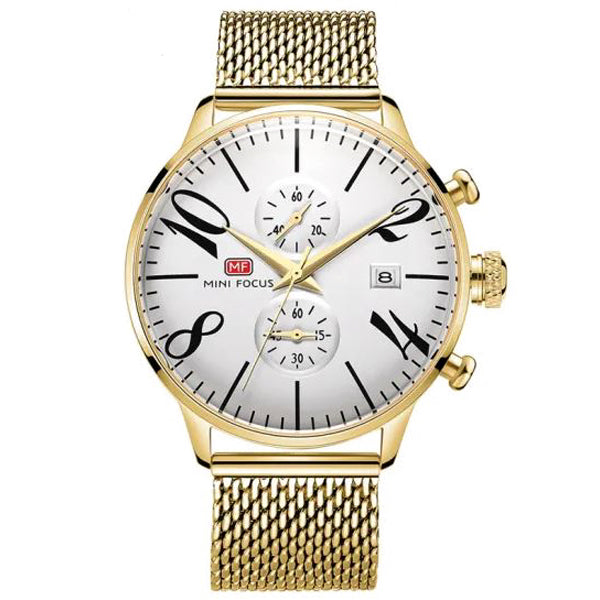 Mini Focus Gold Mesh Bracelet White Dial Chronograph Quartz Watch for Gents - MF0135G-09