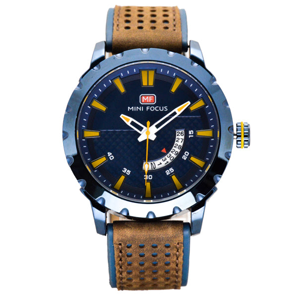Mini Focus Brown Leather Strap Blue Dial Quartz Watch for Gents - MF0150G-02