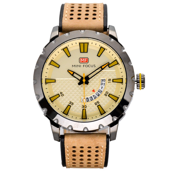 Mini Focus Brown Leather Strap Cream Dial Quartz Watch for Gents - MF0150G-03