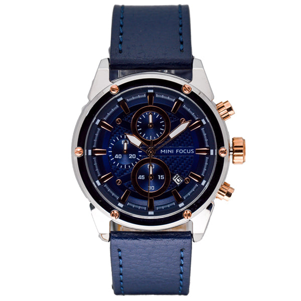 Mini Focus Blue Leather Strap Blue Dial Chronograph Quartz Watch for Gents - MF0161G-01