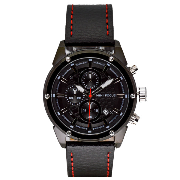 Mini Focus Black Leather Strap Black Dial Chronograph Quartz Watch for Gents - MF0161G-02