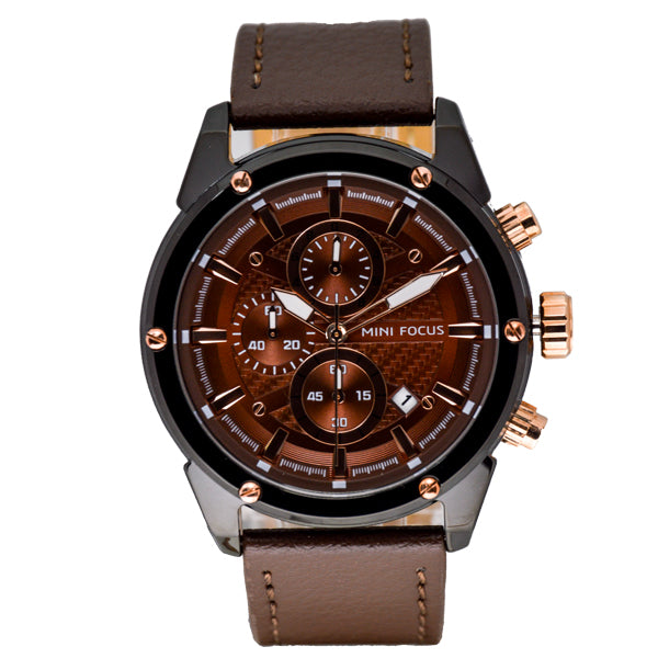 Mini Focus Brown Leather Strap Brown Dial Chronograph Quartz Watch for Gents - MF0161G-03