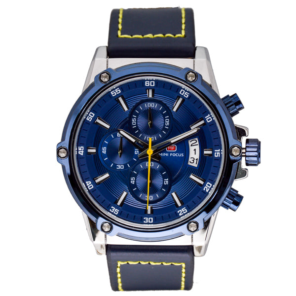 Mini Focus Blue Leather Strap Blue Dial Chronograph Quartz Watch for Gents - MF0175G-03