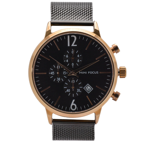 Mini Focus Black Mesh Bracelet Black Dial Chronograph Quartz Watch for Gents - MF0185G-03
