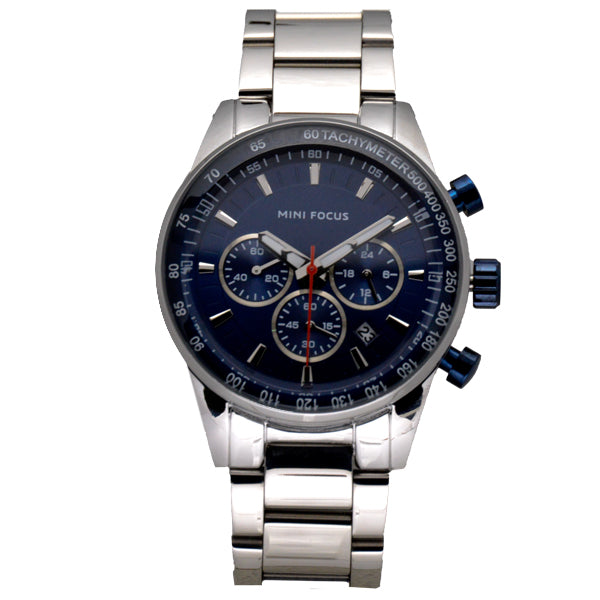 Mini Focus Silver Stainless Steel Blue Dial Chronograph Quartz Watch for Gents - MF0187G-03