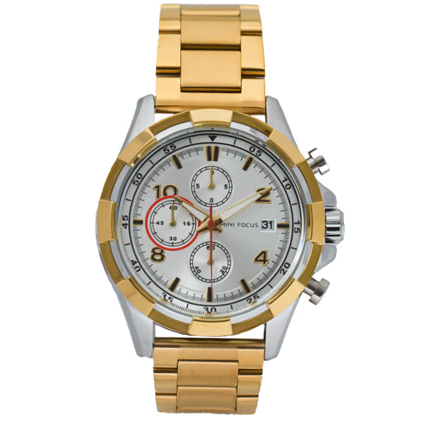 Mini Focus Gold Stainless Steel Silver Dial Chronograph Quartz Watch for Gents - MF0198G-03
