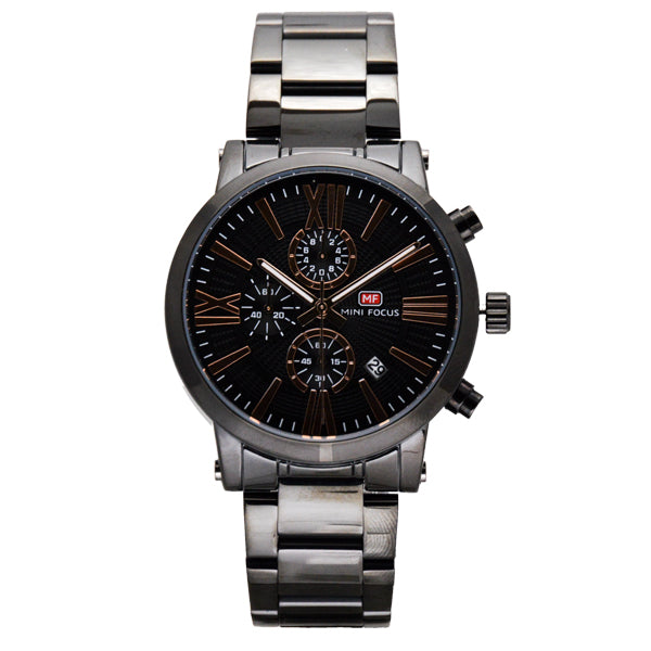 Mini Focus Black Stainless Steel Silver Dial Chronograph Quartz Watch for Gents - MF0219G-04