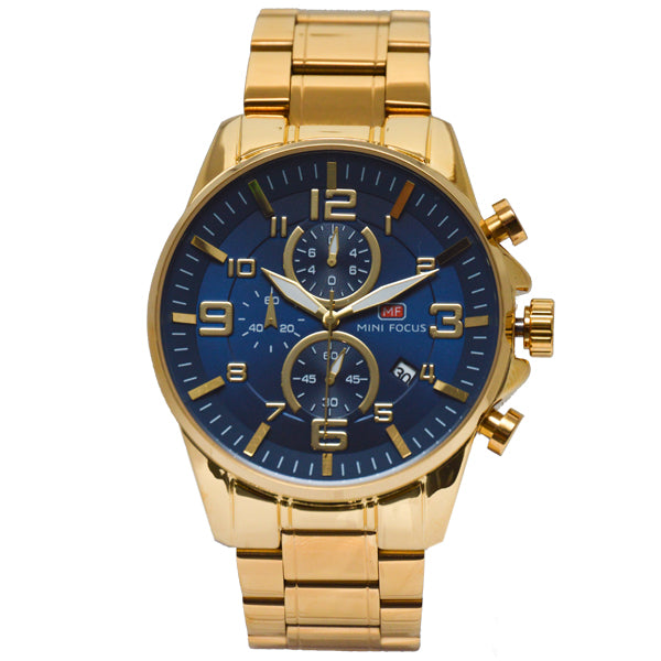 Mini Focus Gold Stainless Steel Blue Dial Chronograph Quartz Watch for Gents - MF0278G-04