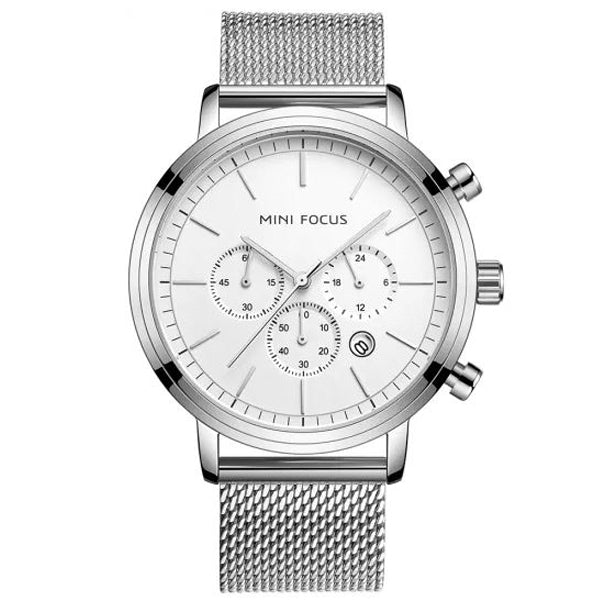Mini Focus Silver Mesh Bracelet Silver Dial Chronograph Quartz Watch for Gents - MF0297G-01