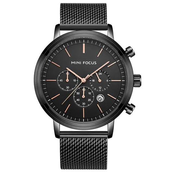 Mini Focus Black Mesh Bracelet Black Dial Chronograph Quartz Watch for Gents - MF0297G-04