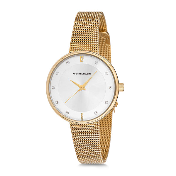 Michael Fellini Gold Mesh Bracelet Silver Dial Quartz Watch for Ladies - MF1130-2