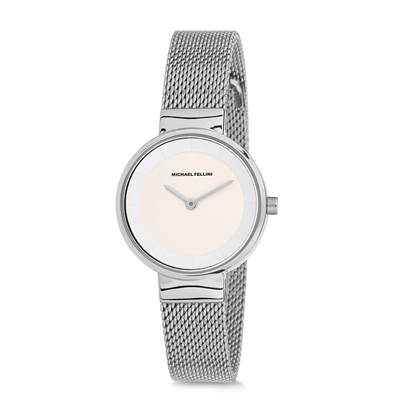 Michael Fellini Silver Mesh Bracelet White Dial Quartz Watch for Ladies - MF1131-1
