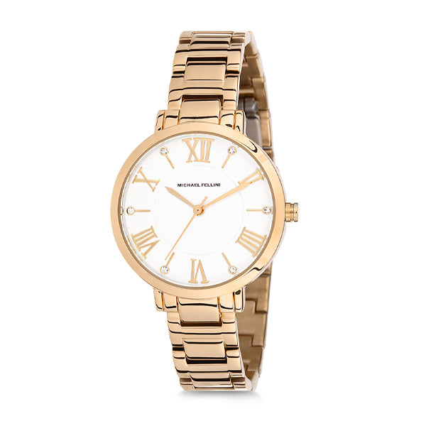 Michael Fellini Gold Stainless Steel White Dial Quartz Watch for Ladies - MF1135-2