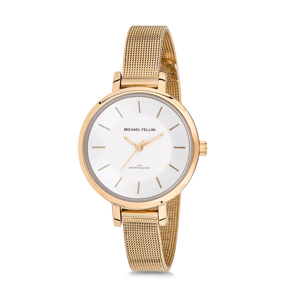 Michael Fellini Gold Mesh Bracelet Silver Dial Quartz Watch for Ladies - MF2118-2