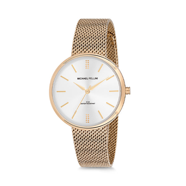 Michael Fellini Gold Mesh Bracelet Silver Dial Quartz Watch for Ladies - MF2125-2