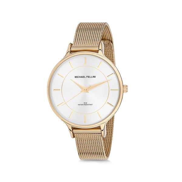 Michael Fellini Gold Mesh Bracelet Silver Dial Quartz Watch for Ladies - MF2126-2