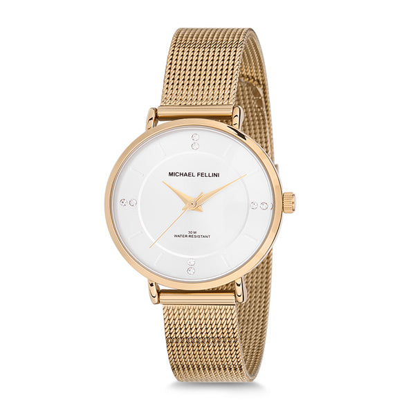 Michael Fellini Gold Mesh Bracelet Silver Dial Quartz Watch for Ladies - MF2131-2