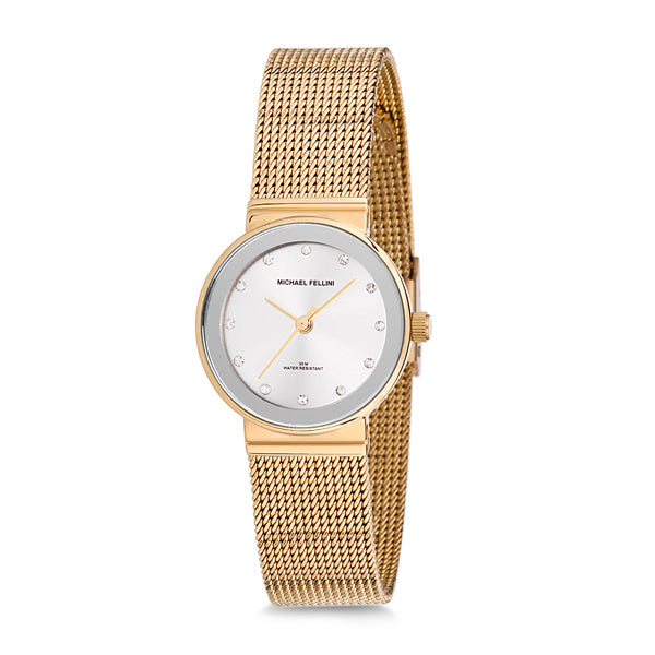Michael Fellini Gold Mesh Bracelet Silver Dial Quartz Watch for Ladies - MF2135-2