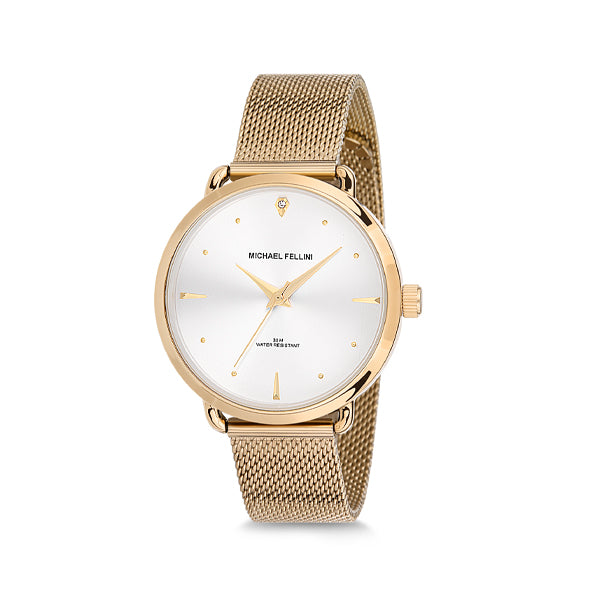 Michael Fellini Gold Mesh Bracelet Silver Dial Quartz Watch for Ladies - MF2141-3