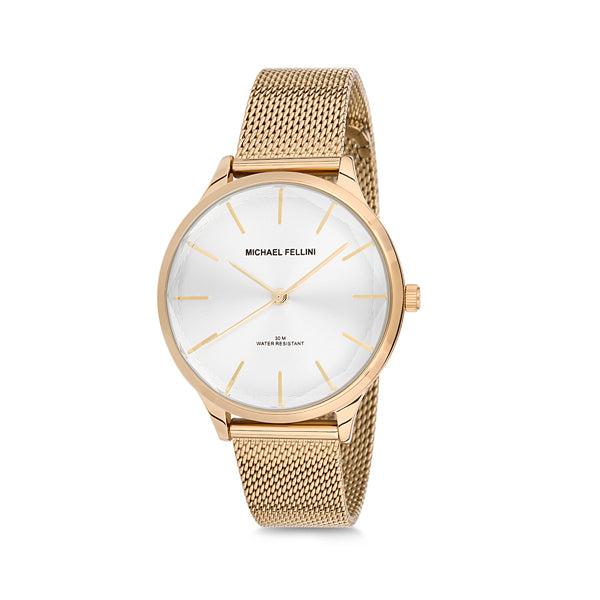 Michael Fellini Gold Mesh Bracelet Silver Dial Quartz Watch for Ladies - MF2146-3