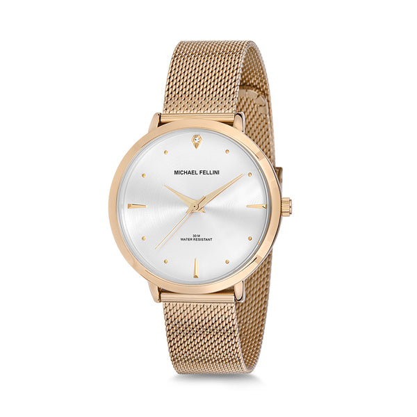 Michael Fellini Gold Mesh Bracelet Silver Dial Quartz Watch for Ladies - MF2147-3