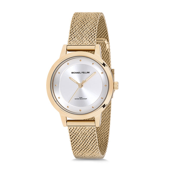 Michael Fellini Gold Mesh Bracelet Silver Dial Quartz Watch for Ladies - MF2168-3