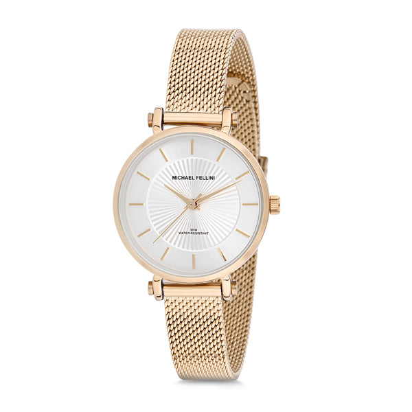 Michael Fellini Gold Mesh Bracelet Silver Dial Quartz Watch for Ladies - MF2169-3