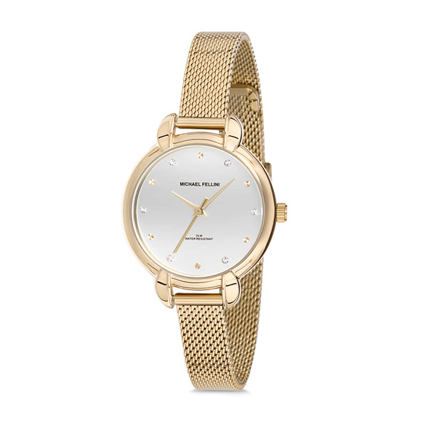 Michael Fellini Gold Mesh Bracelet Silver Dial Quartz Watch for Ladies - MF2170-2