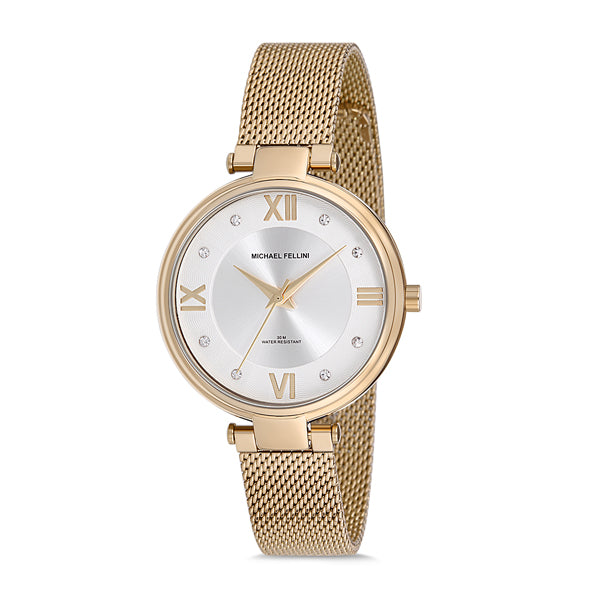 Michael Fellini Gold Mesh Bracelet Silver Dial Quartz Watch for Ladies - MF2174-3