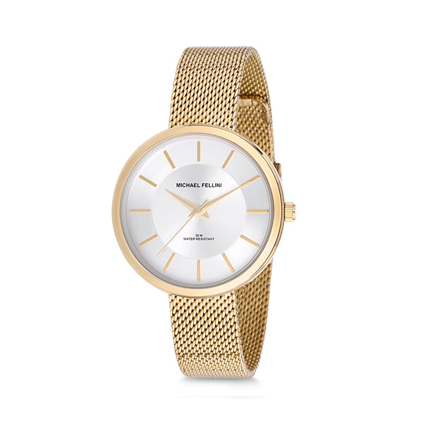 Michael Fellini Gold Mesh Bracelet Silver Dial Quartz Watch for Ladies - MF2181-3