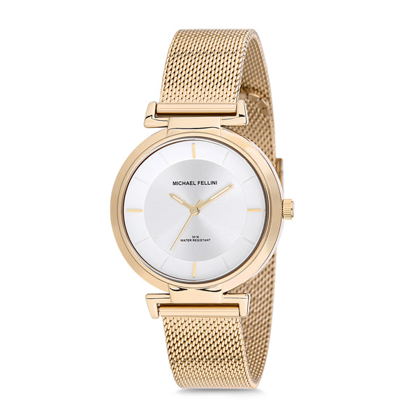 Michael Fellini Gold Mesh Bracelet Silver Dial Quartz Watch for Ladies - MF2182-2