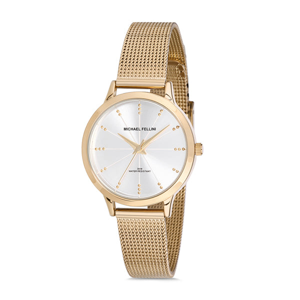 Michael Fellini Gold Mesh Bracelet Silver Dial Quartz Watch for Ladies - MF2190-2