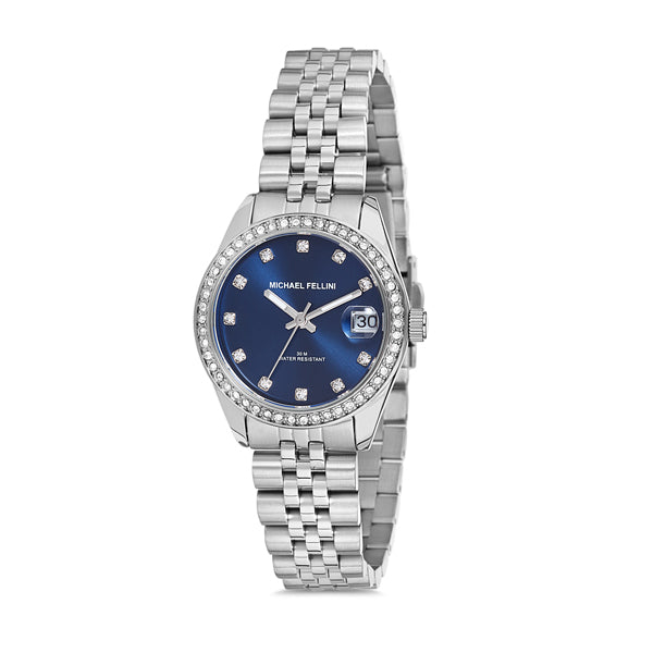 Michael Fellini Silver Stainless Steel Navy Blue Dial Quartz Watch for Ladies - MF2223-2